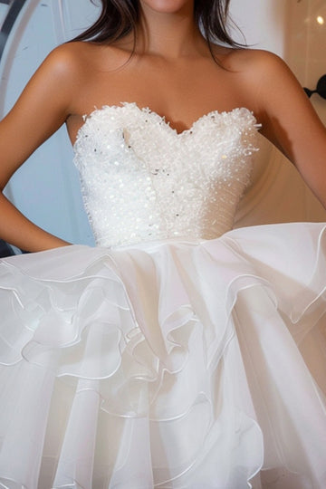 White Tiered Strapless Homecoming Dress with Sequins